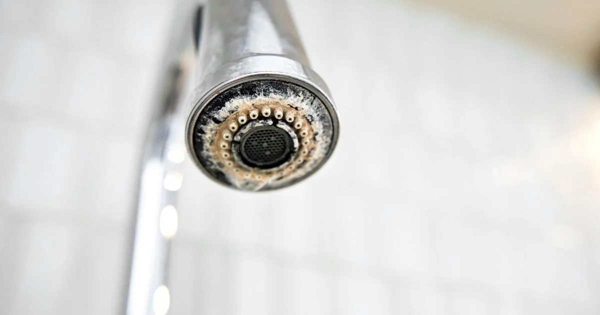Mineral buildup and calcification on a chrome faucet aerator.